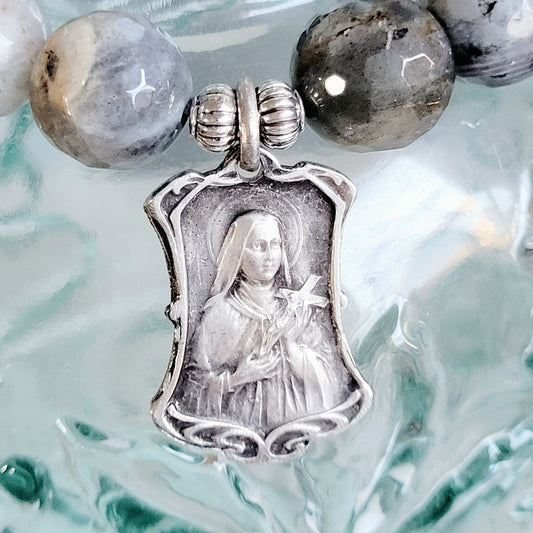 Labradorite Beaded 14mm Faceted Bracelet w/ an Art Deco French Medal of St. Therese of Lisieux on the front and The Sacred Heart of Jesus on the back