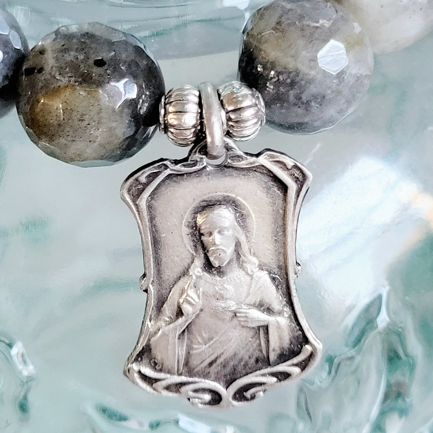 Labradorite Beaded 14mm Faceted Bracelet w/ an Art Deco French Medal of St. Therese of Lisieux on the front and The Sacred Heart of Jesus on the back