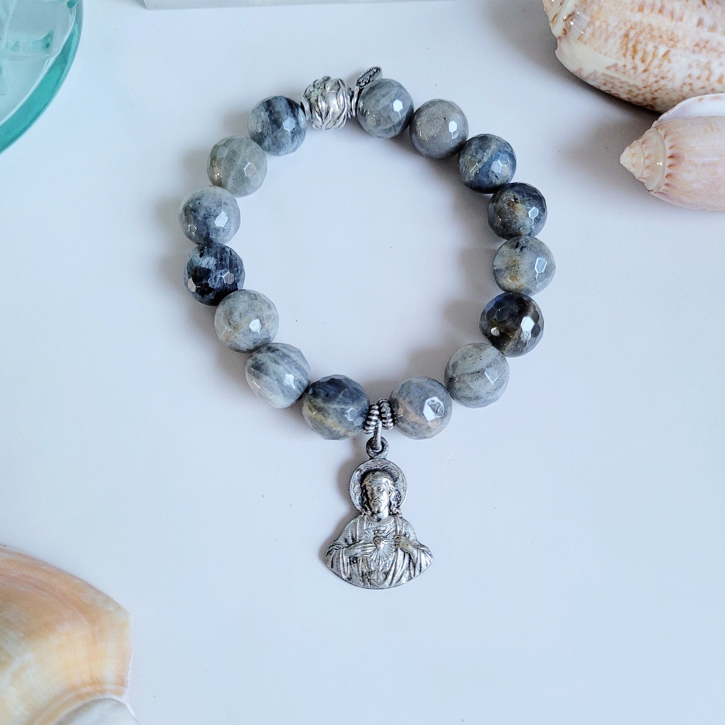 Labradorite Beaded 14mm Faceted Bracelet w/ Sterling Silver Sacred Heart of Jesus Medal