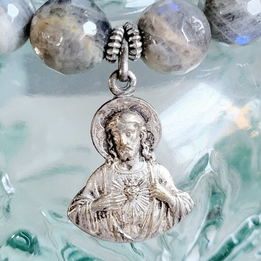 Labradorite Beaded 14mm Faceted Bracelet w/ Sterling Silver Sacred Heart of Jesus Medal