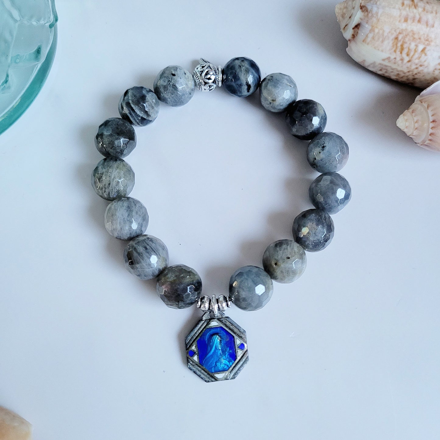 Labradorite Beaded 14mm Faceted Bracelet w/ Blue Enameled image of St. Therese of Lisieux Medal