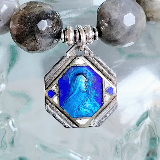 Labradorite Beaded 14mm Faceted Bracelet w/ Blue Enameled image of St. Therese of Lisieux Medal