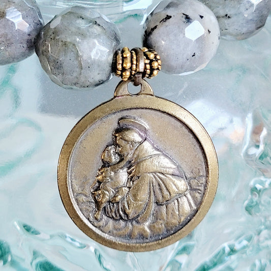 Labradorite Beaded 14mm Faceted Bracelet w/ St. Anthony of Padua Medal