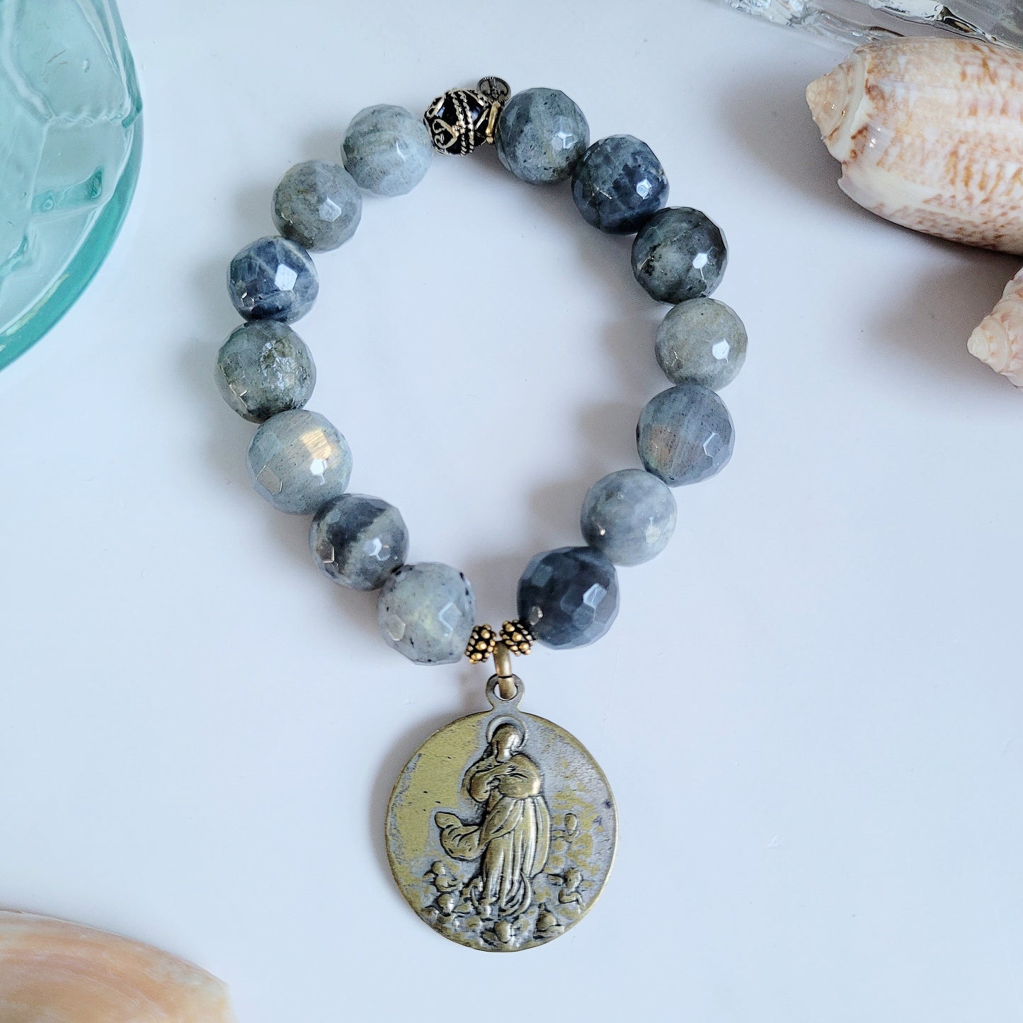 Labradorite Beaded 14mm Faceted Bracelet featuring the Assumption of the Blessed Virgin Mary & St. Vincent de Paul Medal