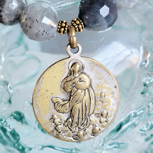 Labradorite Beaded 14mm Faceted Bracelet featuring the Assumption of the Blessed Virgin Mary & St. Vincent de Paul Medal