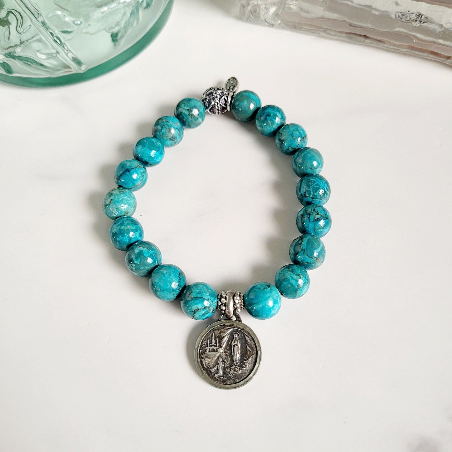Larimar Blue 10mm Beaded Bracelet w/ Silver Plated Notre Dame de Lourdes from France