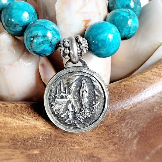 Larimar Blue 10mm Beaded Bracelet w/ Silver Plated Notre Dame de Lourdes from France
