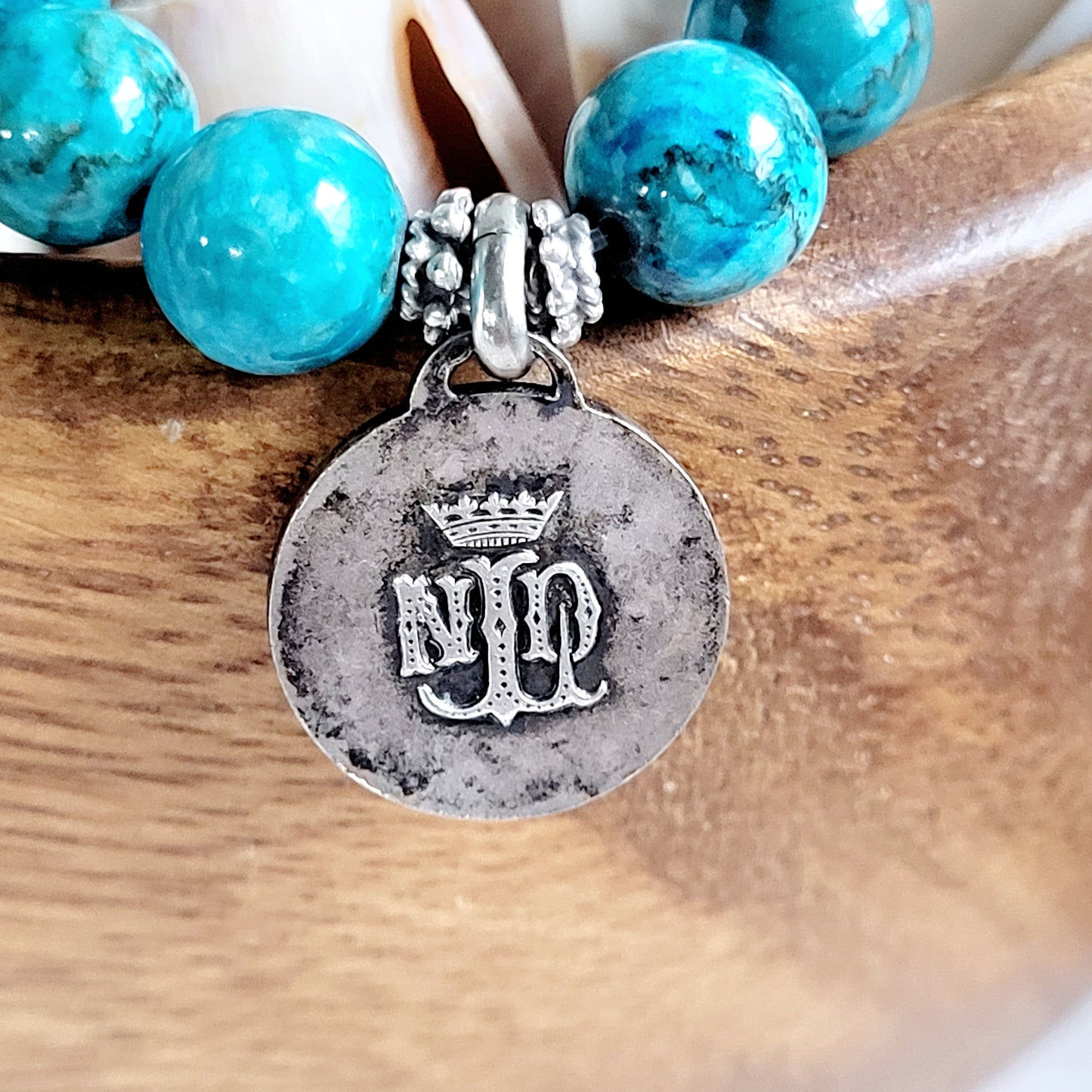 Larimar Blue 10mm Beaded Bracelet w/ Silver Plated Notre Dame de Lourdes from France
