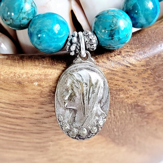 Larimar Blue 10mm Beaded Bracelet w/ Silver Plated Art Nouveau Medal of Our Lady of Lourdes