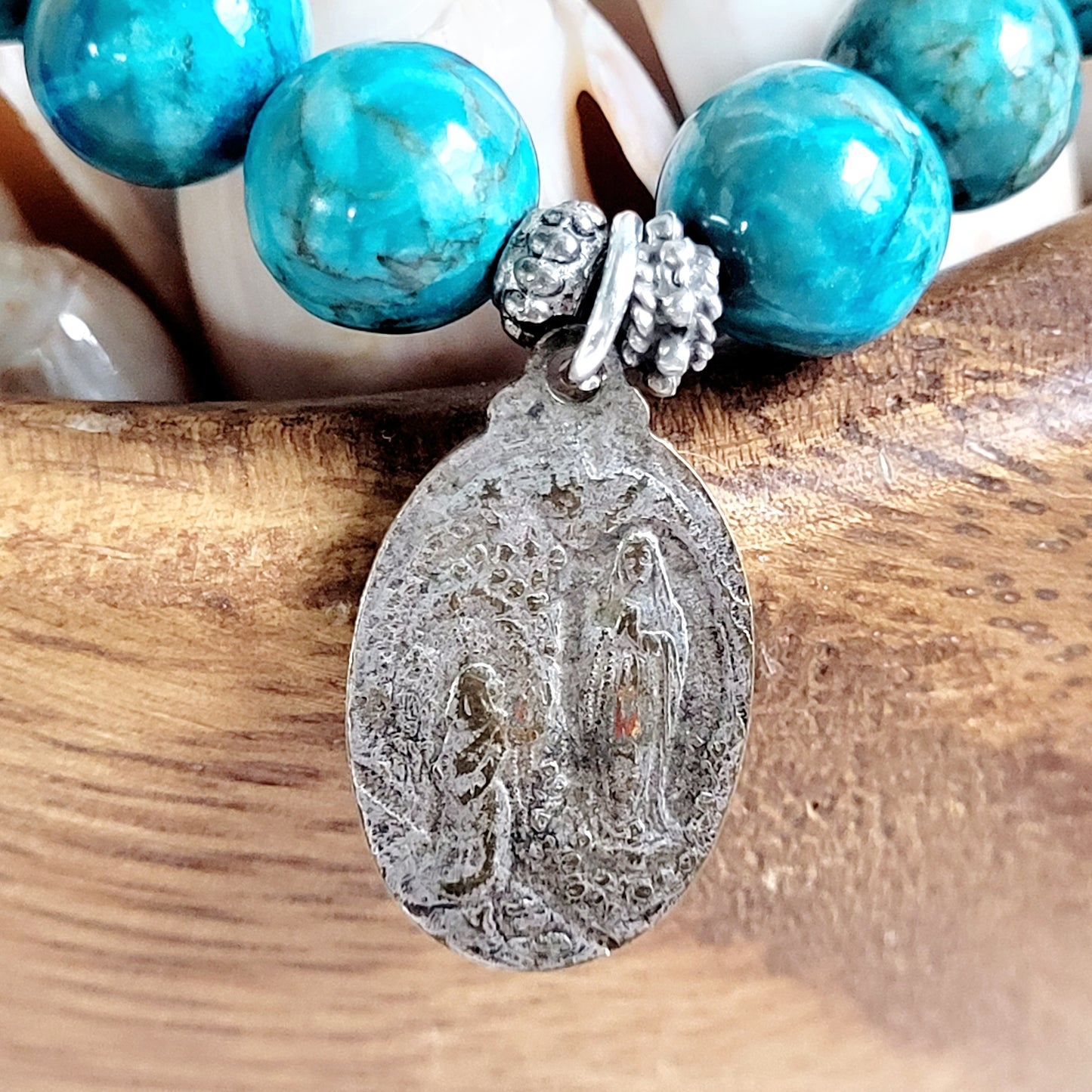 Larimar Blue 10mm Beaded Bracelet w/ Silver Plated Art Nouveau Medal of Our Lady of Lourdes