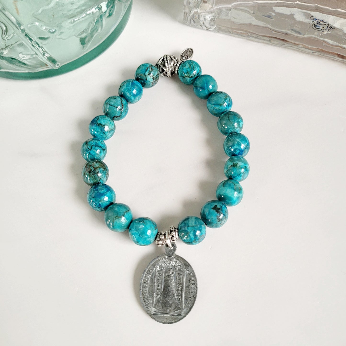 Larimar Blue 10mm Beaded Bracelet w/ Silver over Bronze Our Lady of Loreto Medal