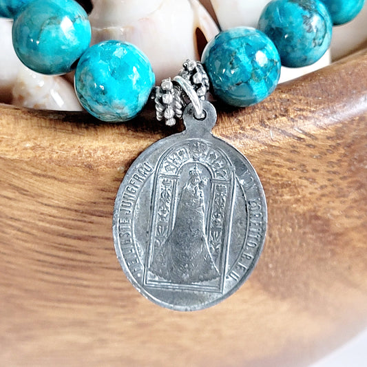 Larimar Blue 10mm Beaded Bracelet w/ Silver over Bronze Our Lady of Loreto Medal