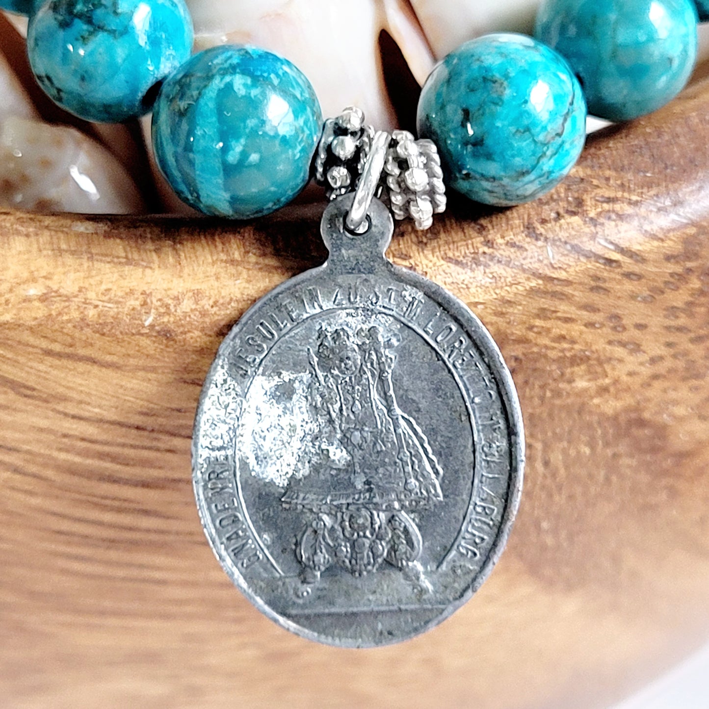 Larimar Blue 10mm Beaded Bracelet w/ Silver over Bronze Our Lady of Loreto Medal