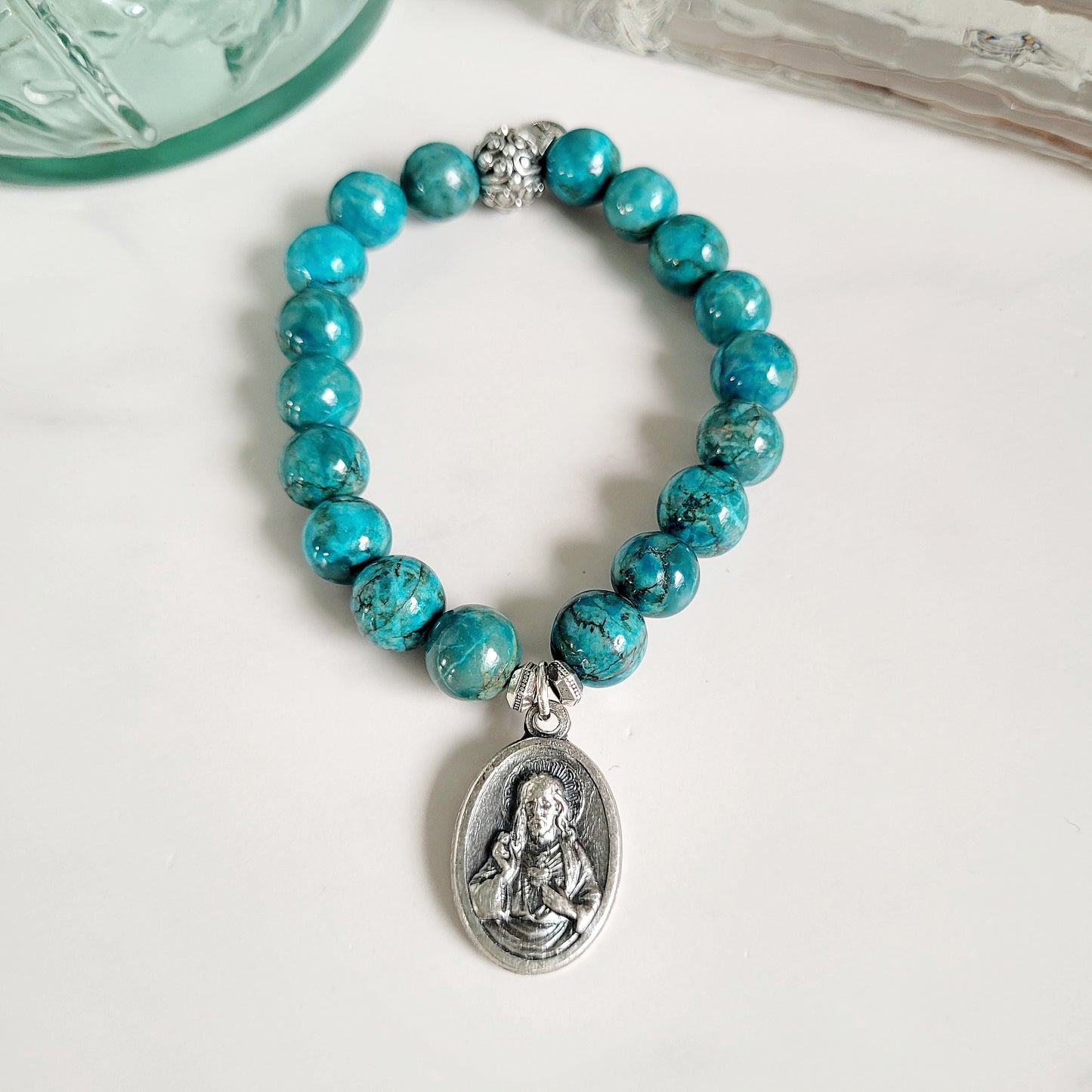 Larimar Blue 10mm Beaded Bracelet w/ Vintage Silver Sacred Heat of Jesus Medal