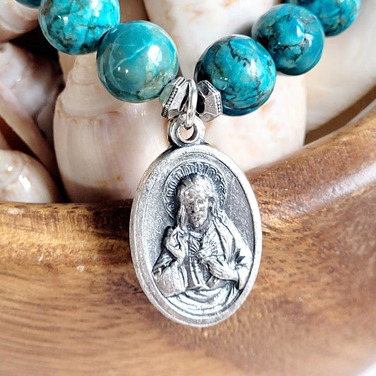 Larimar Blue 10mm Beaded Bracelet w/ Vintage Silver Sacred Heat of Jesus Medal