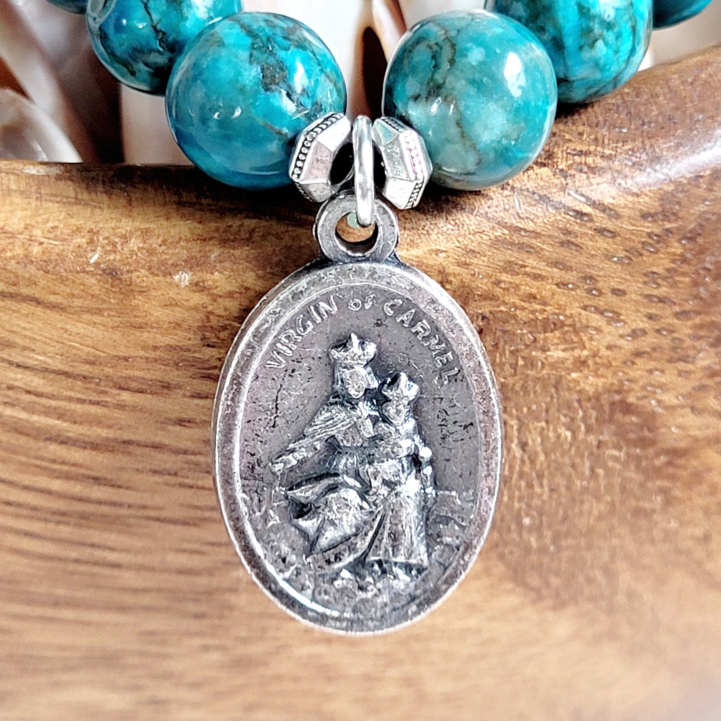 Larimar Blue 10mm Beaded Bracelet w/ Vintage Silver Sacred Heat of Jesus Medal