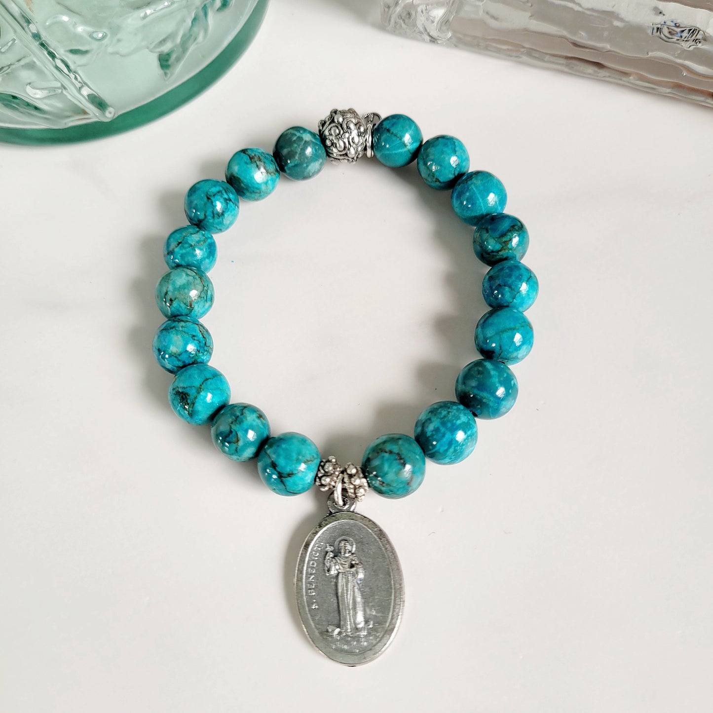 Larimar Blue 10mm Beaded Bracelet w/ St. Benedict Medal