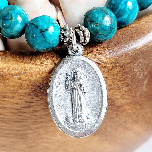 Larimar Blue 10mm Beaded Bracelet w/ St. Benedict Medal