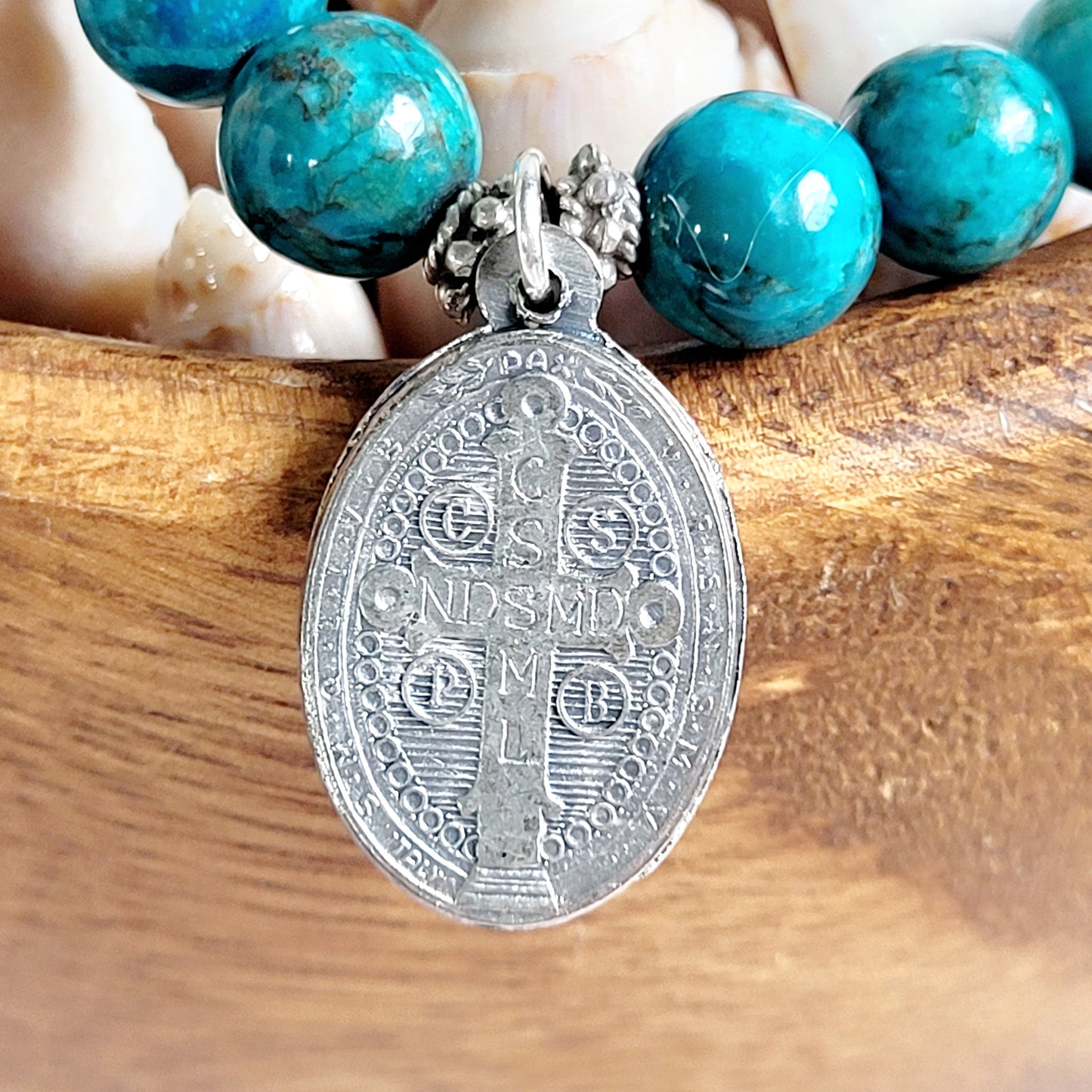 Larimar Blue 10mm Beaded Bracelet w/ St. Benedict Medal