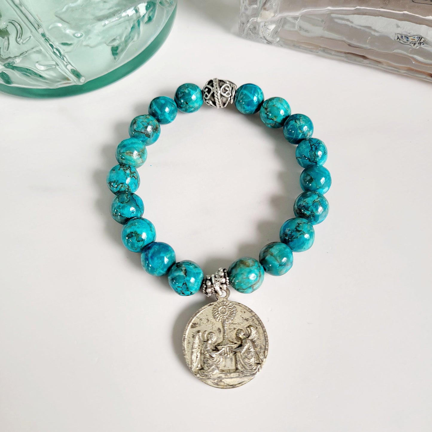 Larimar Blue 10mm Beaded Bracelet w/ Large Silver Plated Medal of Pope Pius X