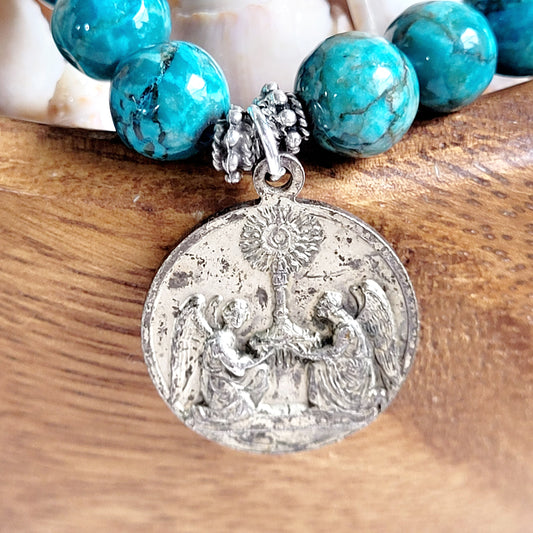 Larimar Blue 10mm Beaded Bracelet w/ Large Silver Plated Medal of Pope Pius X