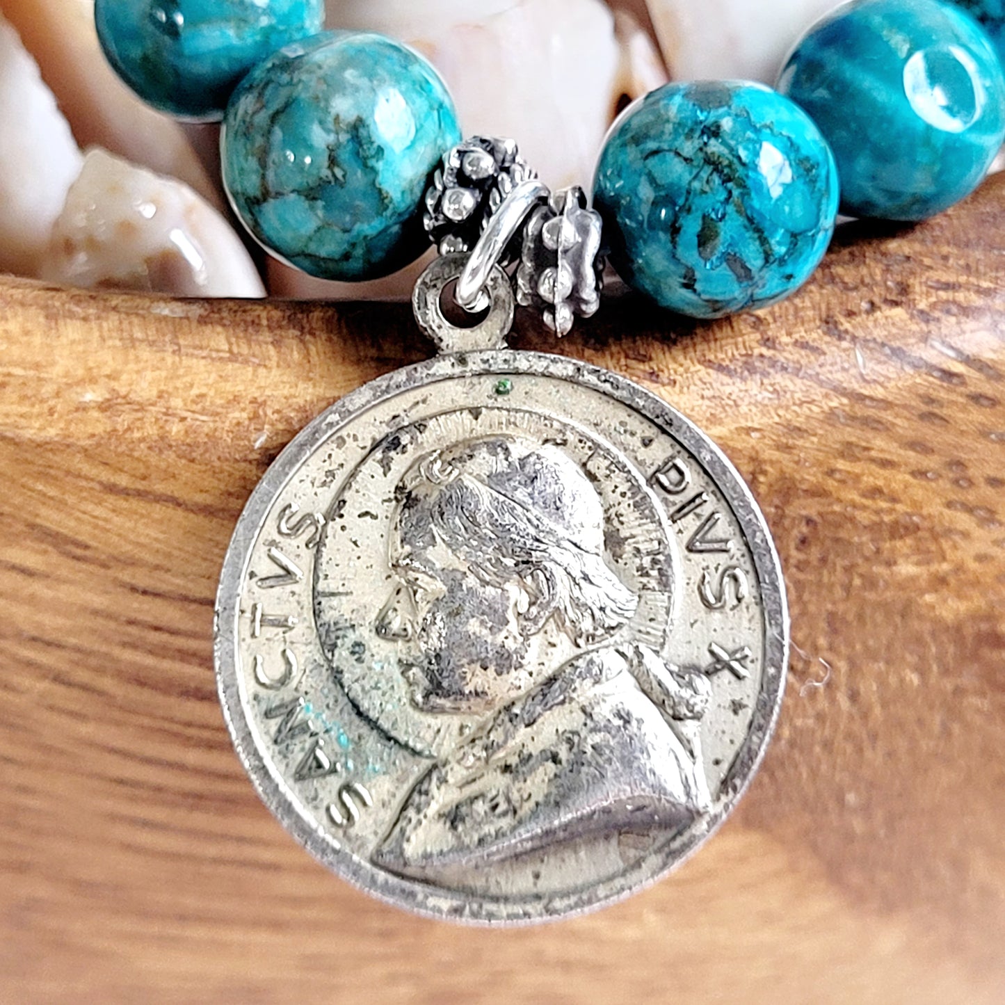Larimar Blue 10mm Beaded Bracelet w/ Large Silver Plated Medal of Pope Pius X
