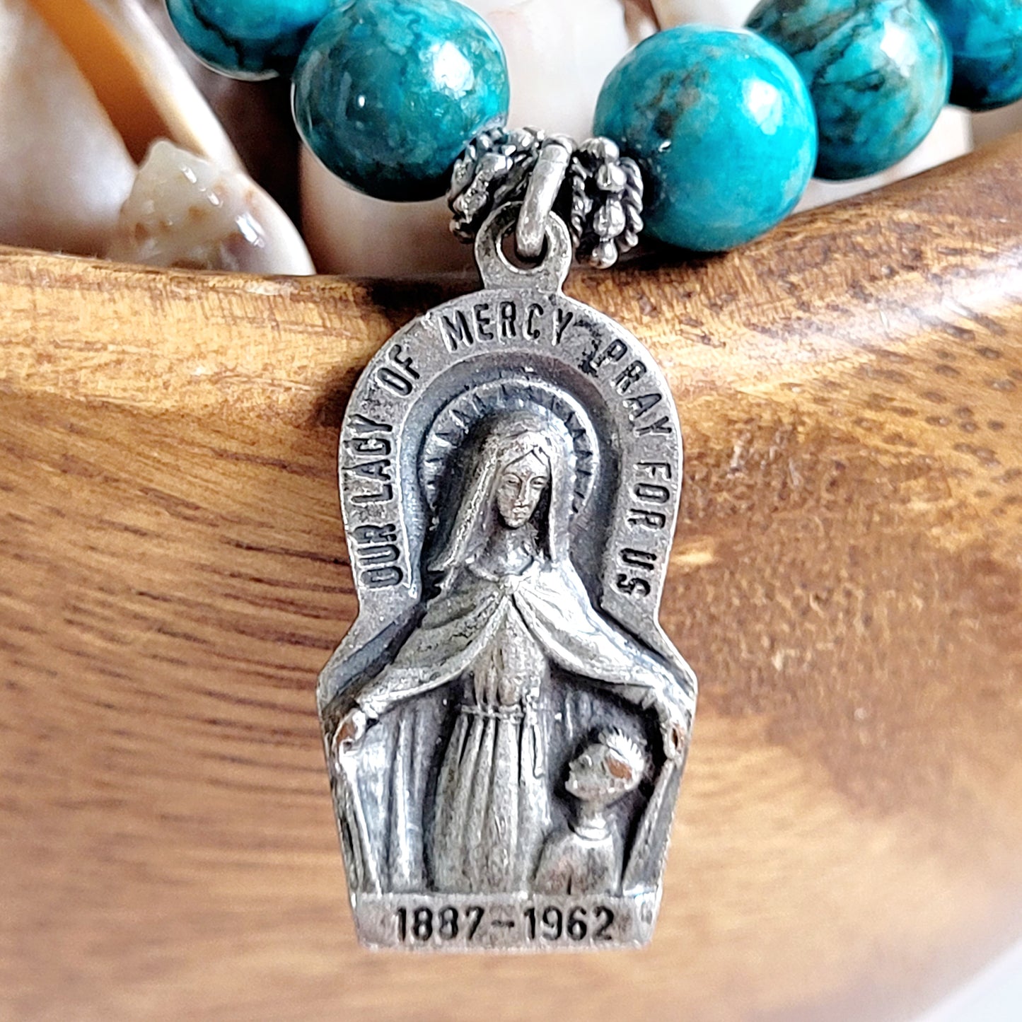 Larimar Blue 10mm Beaded Bracelet w/ Silver Plated Medal of Our Lady of Mercy