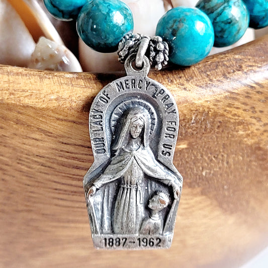 Larimar Blue 10mm Beaded Bracelet w/ Silver Plated Medal of Our Lady of Mercy
