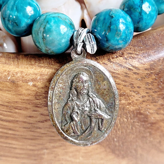 Larimar Blue 10mm Beaded Bracelet w/ Vintage Sacred Heart of Jesus Medal