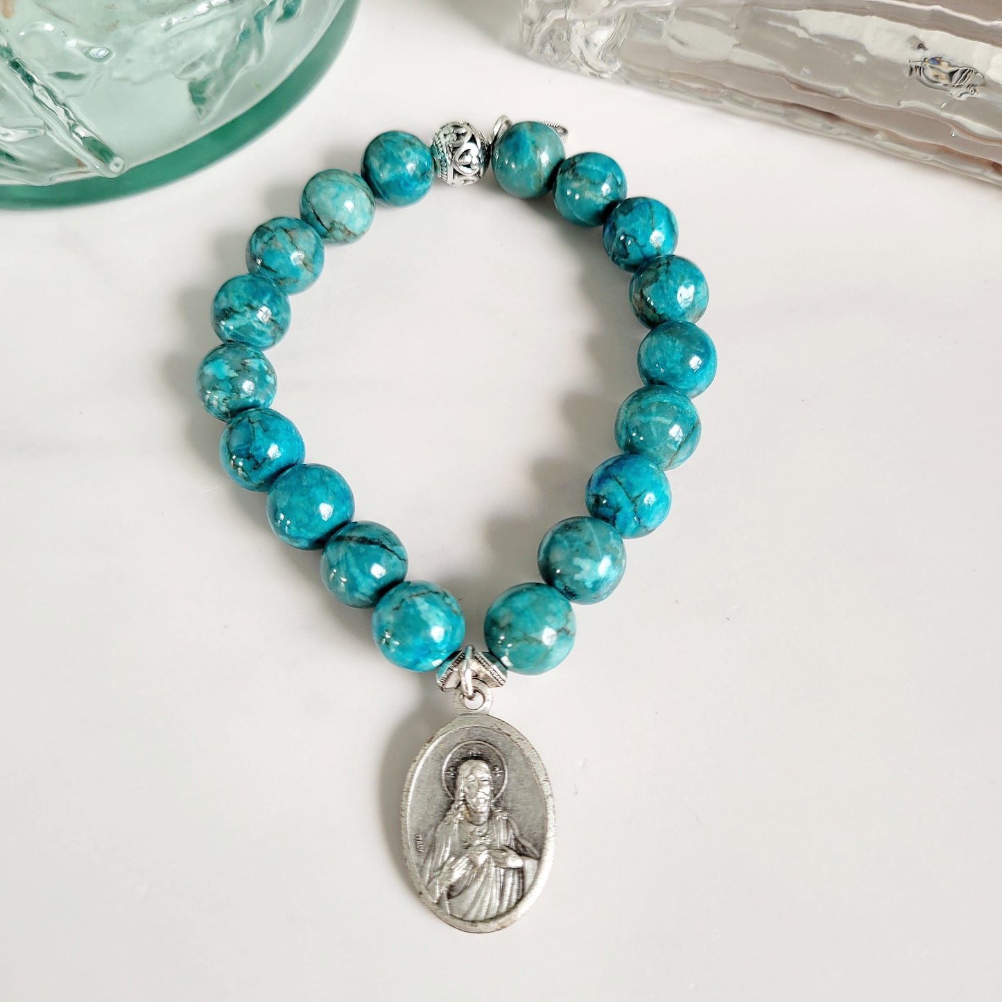 Larimar Blue 10mm Beaded Bracelet w/ Silver Plated Medal of Sacred Heart of Jesus