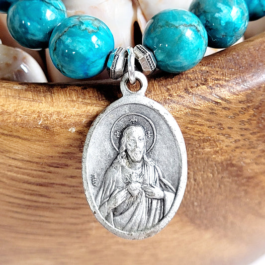 Larimar Blue 10mm Beaded Bracelet w/ Silver Plated Medal of Sacred Heart of Jesus