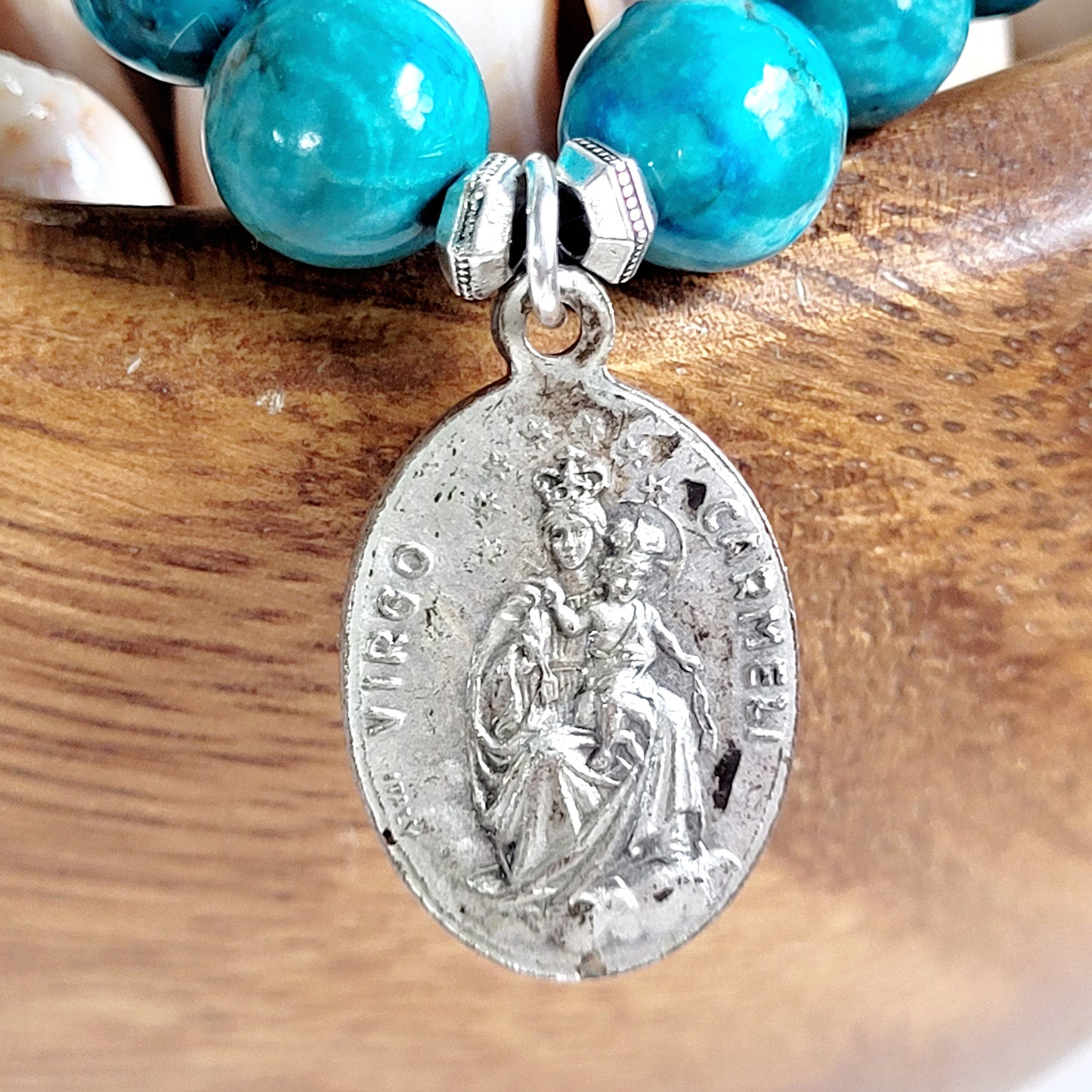 Larimar Blue 10mm Beaded Bracelet w/ Silver Plated Medal of Sacred Heart of Jesus