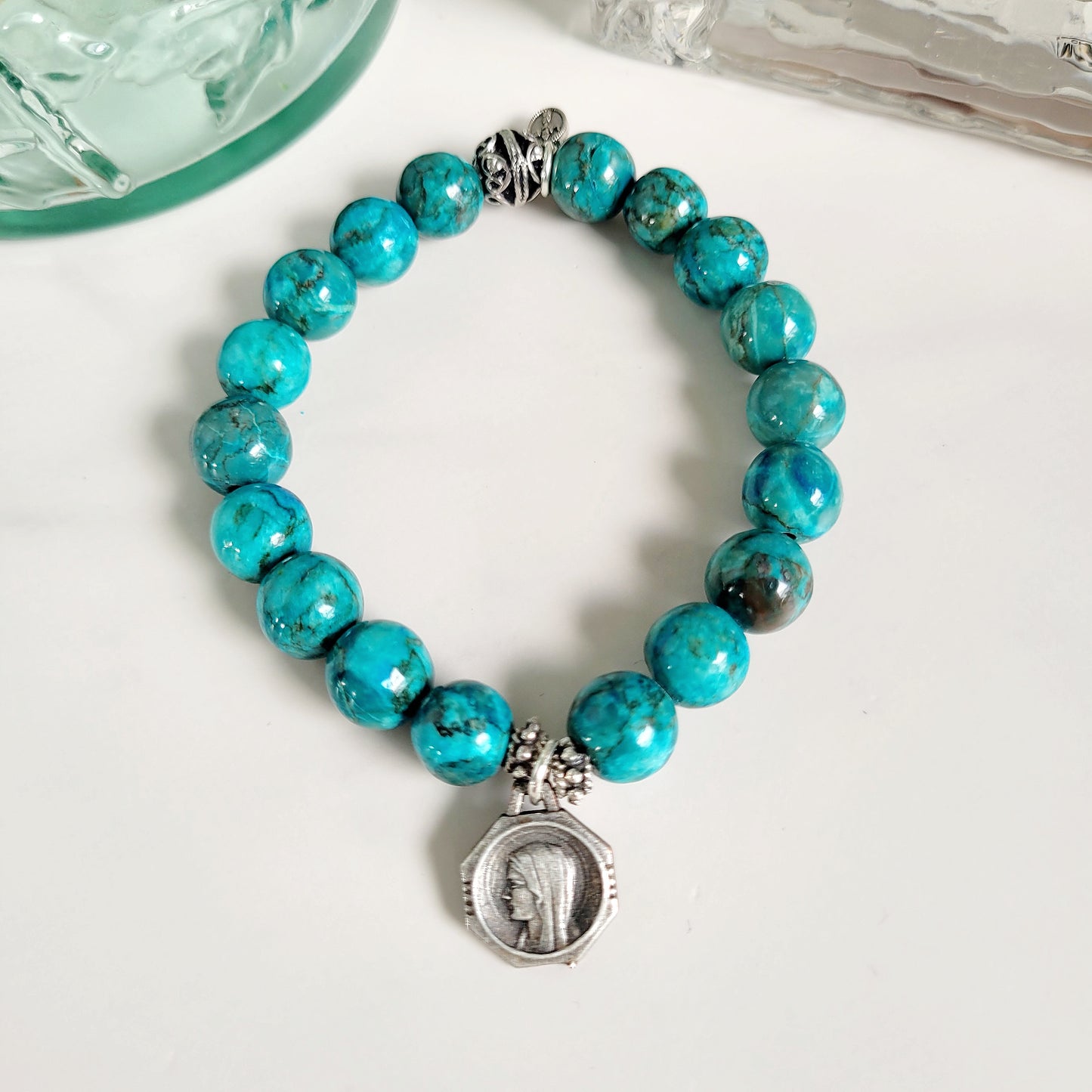 Larimar Blue 10mm Beaded Bracelet w/ Art Deco Silver Plated Medal of Our Lady of Lourdes