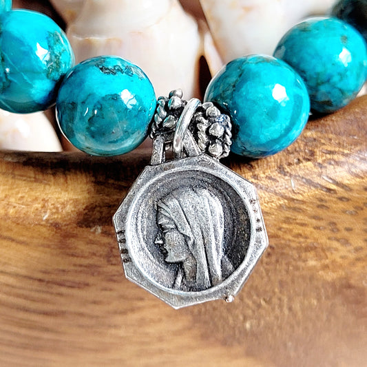 Larimar Blue 10mm Beaded Bracelet w/ Art Deco Silver Plated Medal of Our Lady of Lourdes