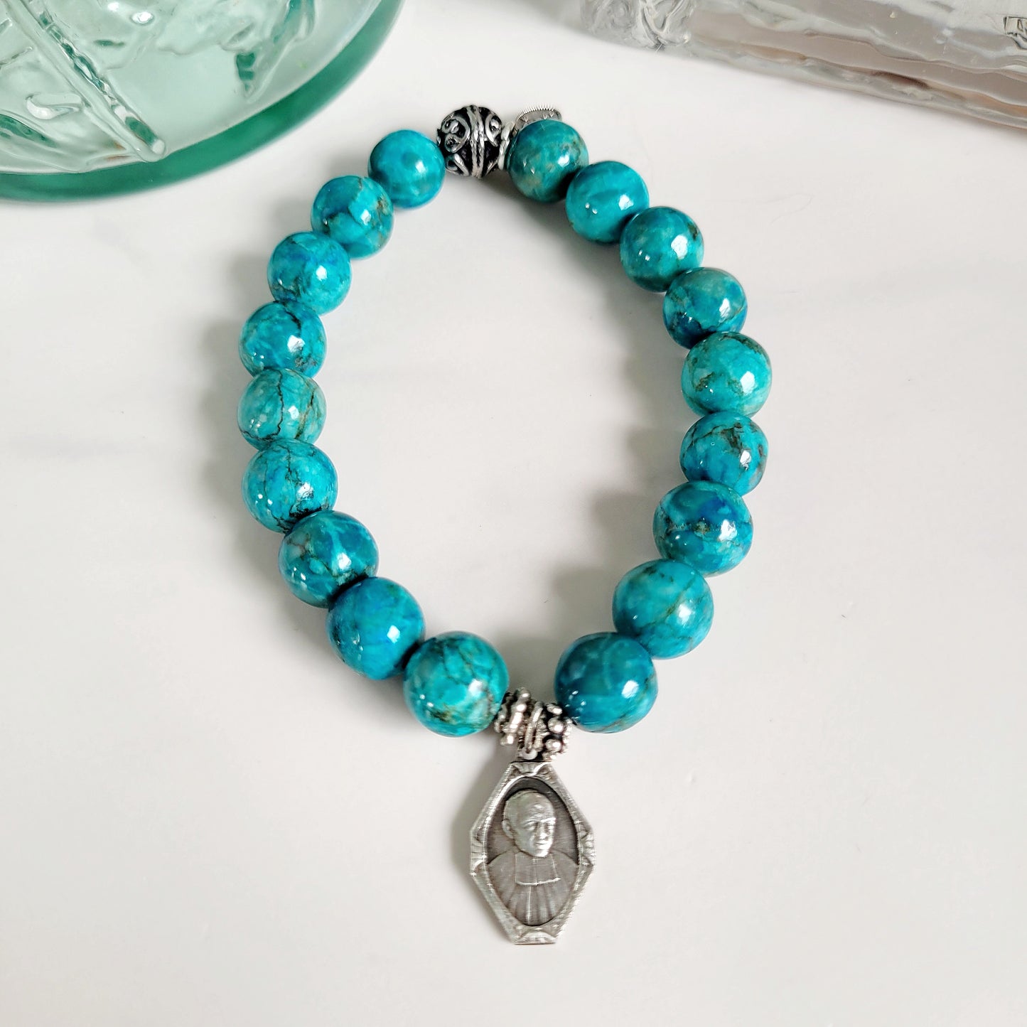 Larimar Blue 10mm Beaded Bracelet w/ Silver Plated Medal of St. Mutien-Marie Wiaux