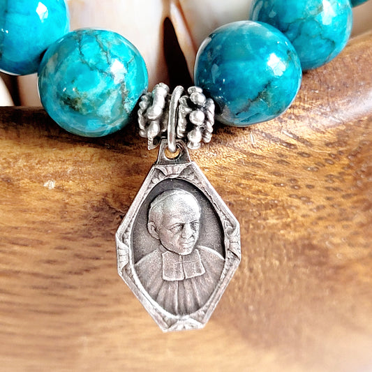 Larimar Blue 10mm Beaded Bracelet w/ Silver Plated Medal of St. Mutien-Marie Wiaux