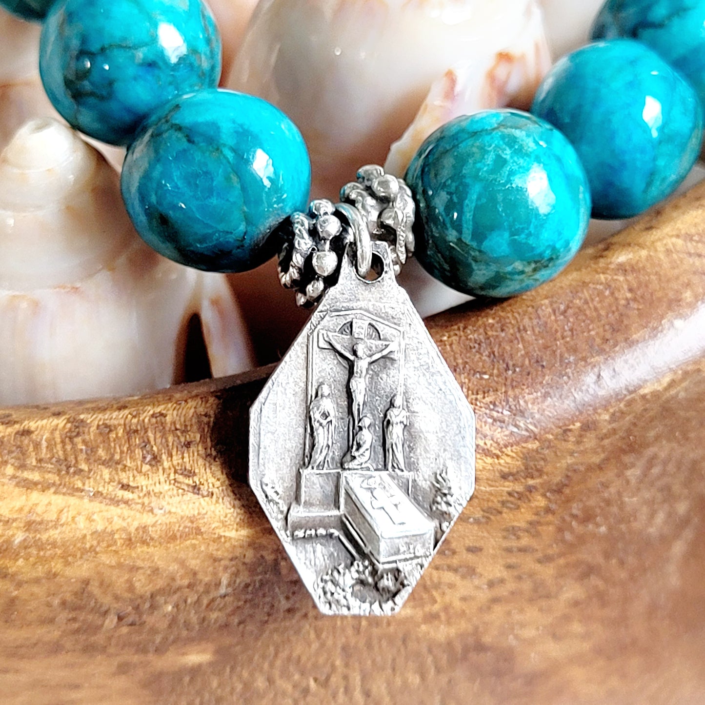 Larimar Blue 10mm Beaded Bracelet w/ Silver Plated Medal of St. Mutien-Marie Wiaux
