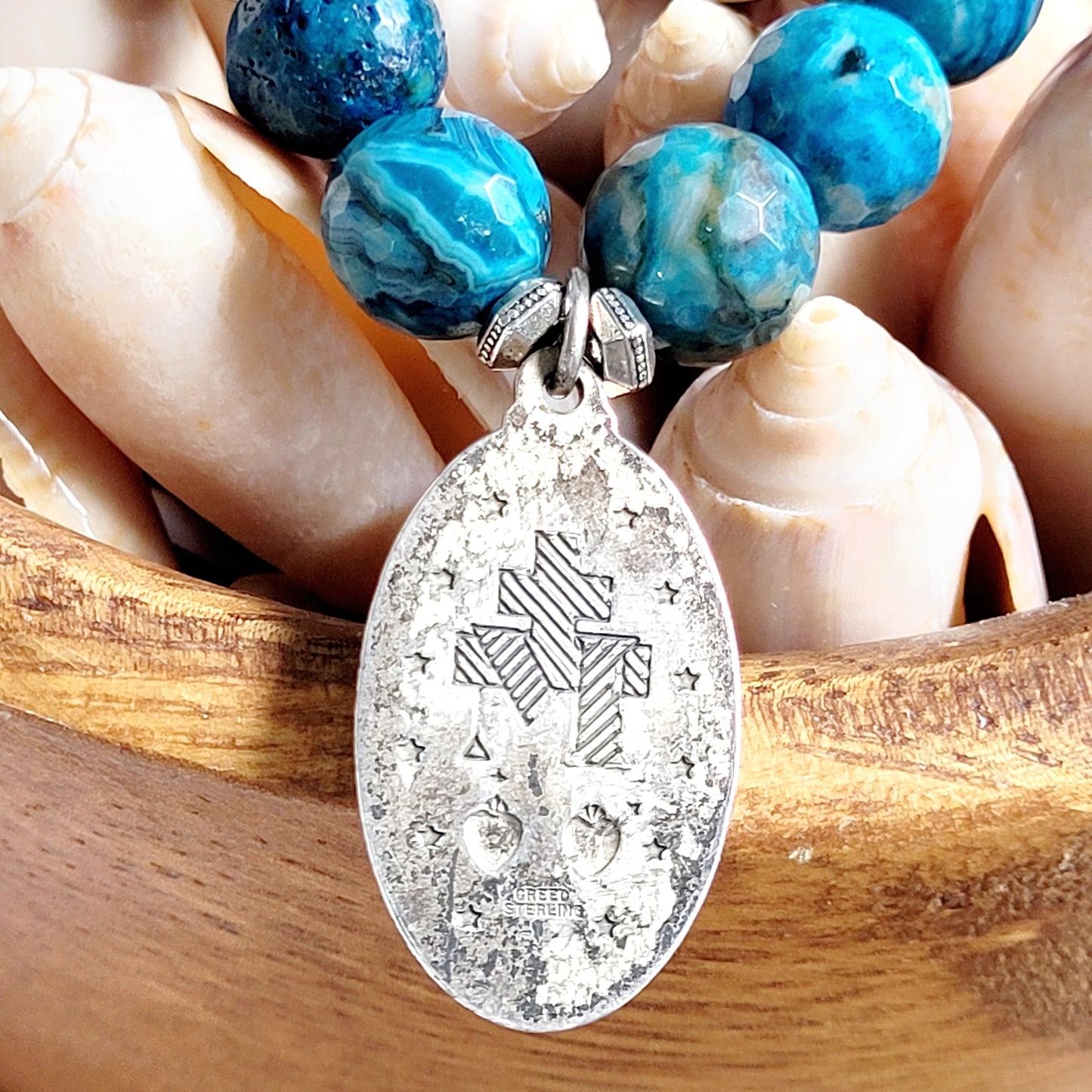 Larimar Blue 10mm Faceted Beaded Bracelet w/ Signed Sterling Silver Miraculous Medal of Mary