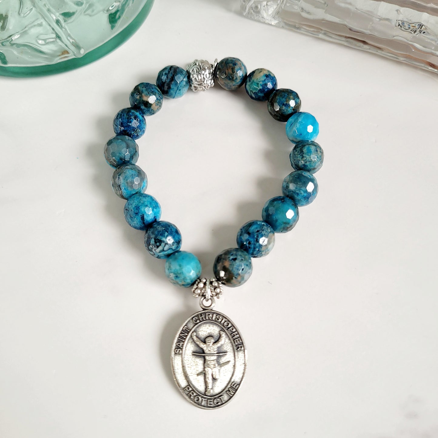 Larimar Blue 10mm Faceted Beaded Bracelet w/ Signed Sterling Silver Medal of St. Christopher