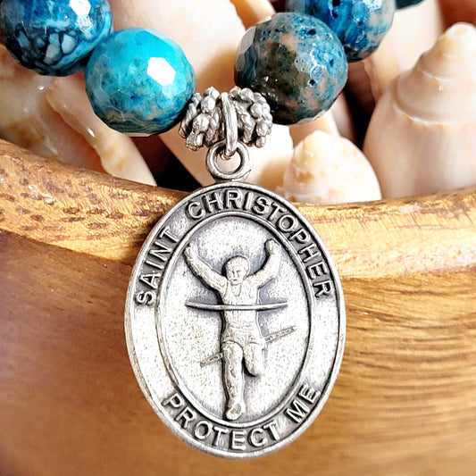 Larimar Blue 10mm Faceted Beaded Bracelet w/ Signed Sterling Silver Medal of St. Christopher