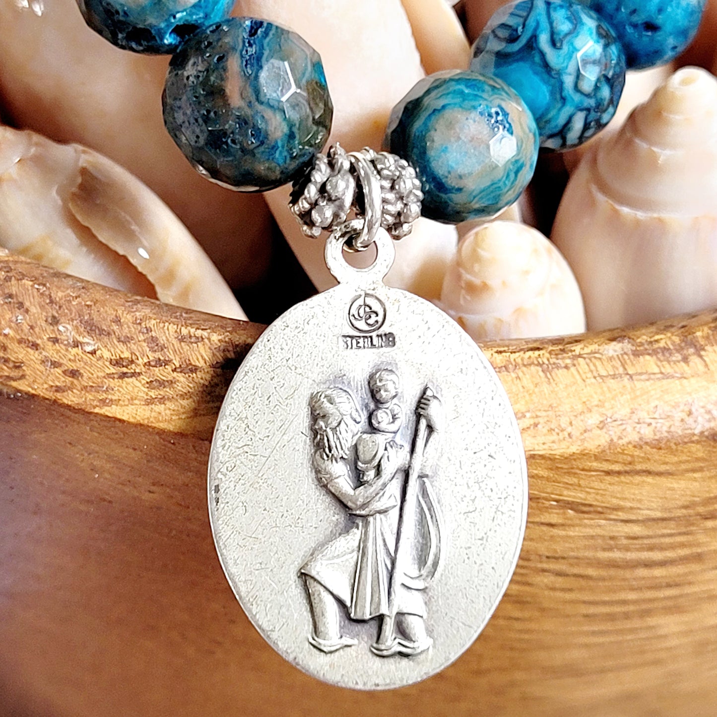 Larimar Blue 10mm Faceted Beaded Bracelet w/ Signed Sterling Silver Medal of St. Christopher