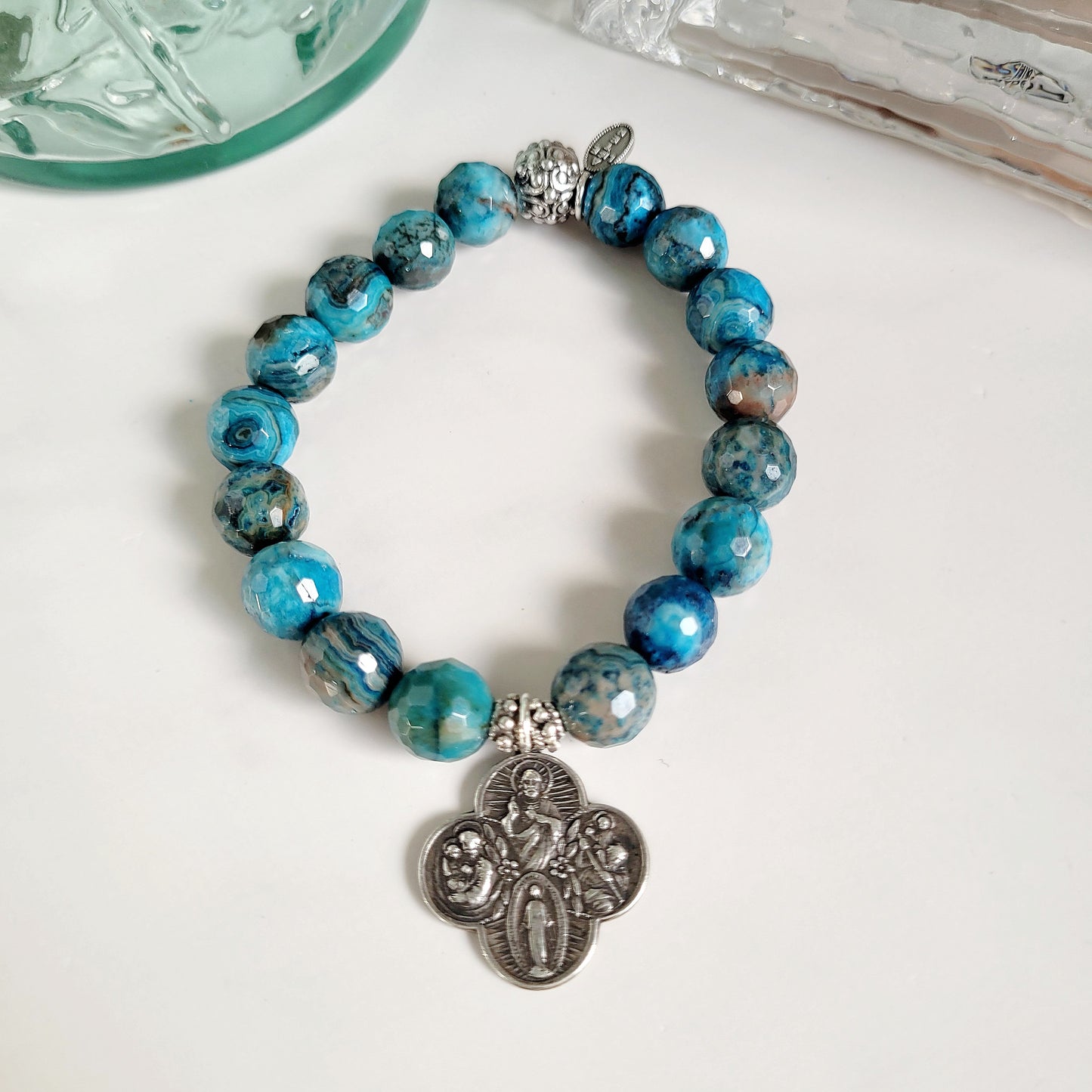Larimar Blue 10mm Faceted Beaded Bracelet w/ Sterling Silver Four Way Cross