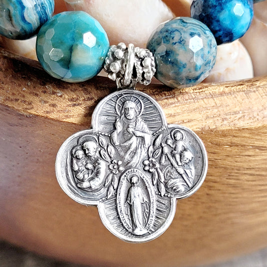 Larimar Blue 10mm Faceted Beaded Bracelet w/ Sterling Silver Four Way Cross