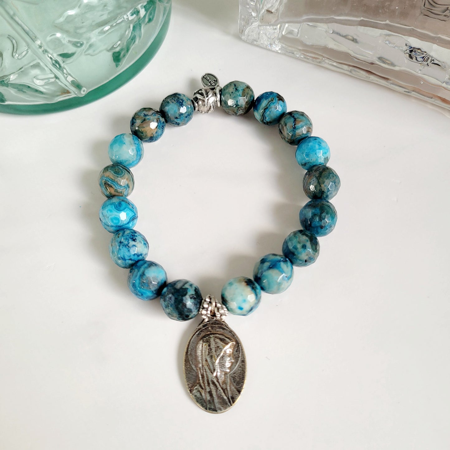Larimar Blue 10mm Faceted Beaded Bracelet w/ Signed Silver Plated Medal of Our Lady of Lourdes