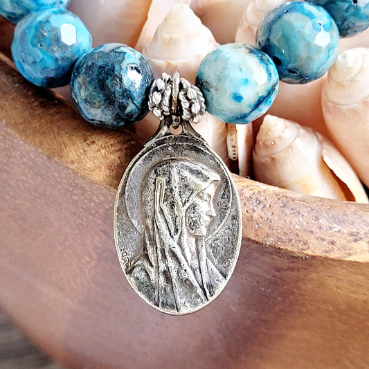 Larimar Blue 10mm Faceted Beaded Bracelet w/ Signed Silver Plated Medal of Our Lady of Lourdes