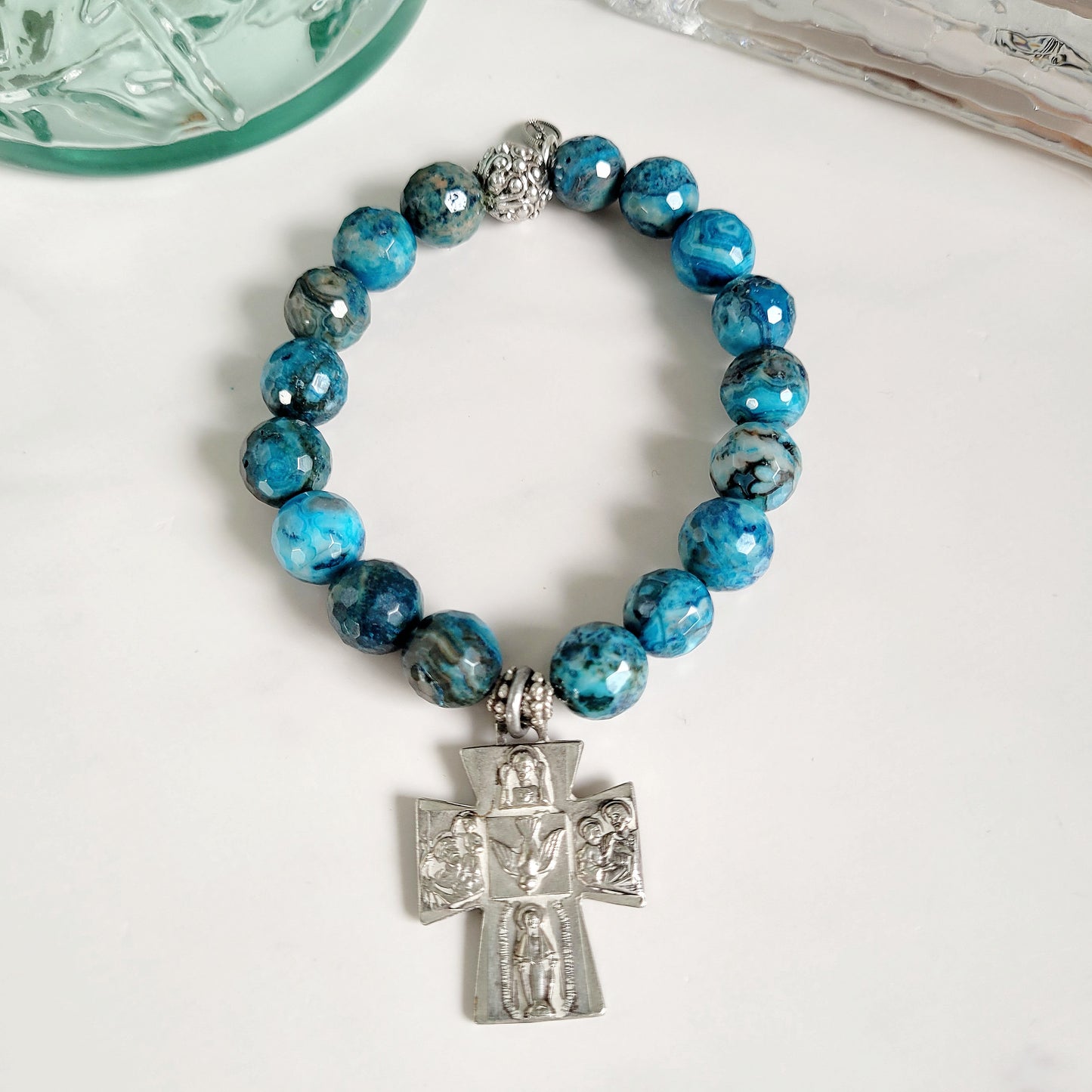 Larimar Blue 10mm Faceted Beaded Bracelet w/ Nickel Silver Four Way Cross