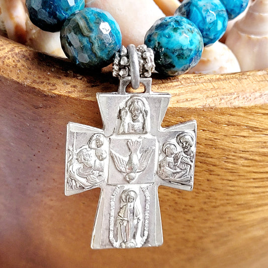 Larimar Blue 10mm Faceted Beaded Bracelet w/ Nickel Silver Four Way Cross