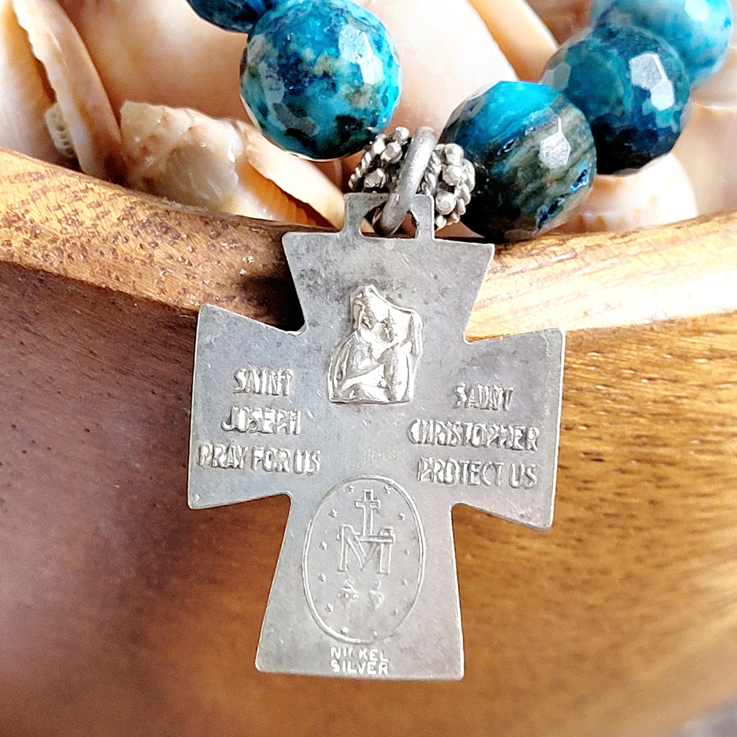 Larimar Blue 10mm Faceted Beaded Bracelet w/ Nickel Silver Four Way Cross