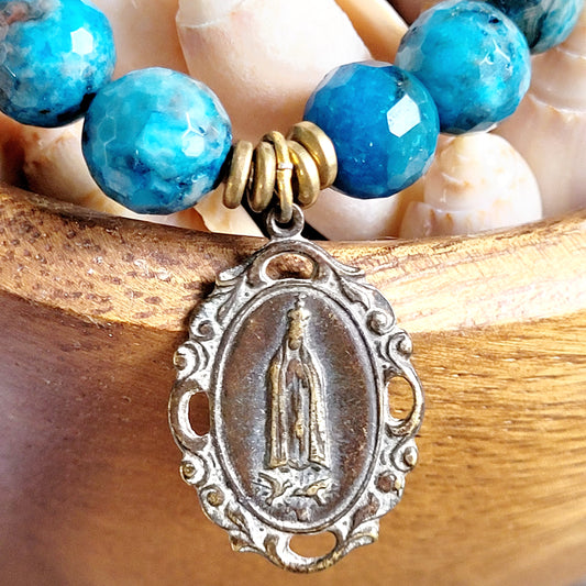 Larimar Blue 10mm Faceted Beaded Bracelet w/ Bronze Art Nouveau Medal of Our Lady of Fatima