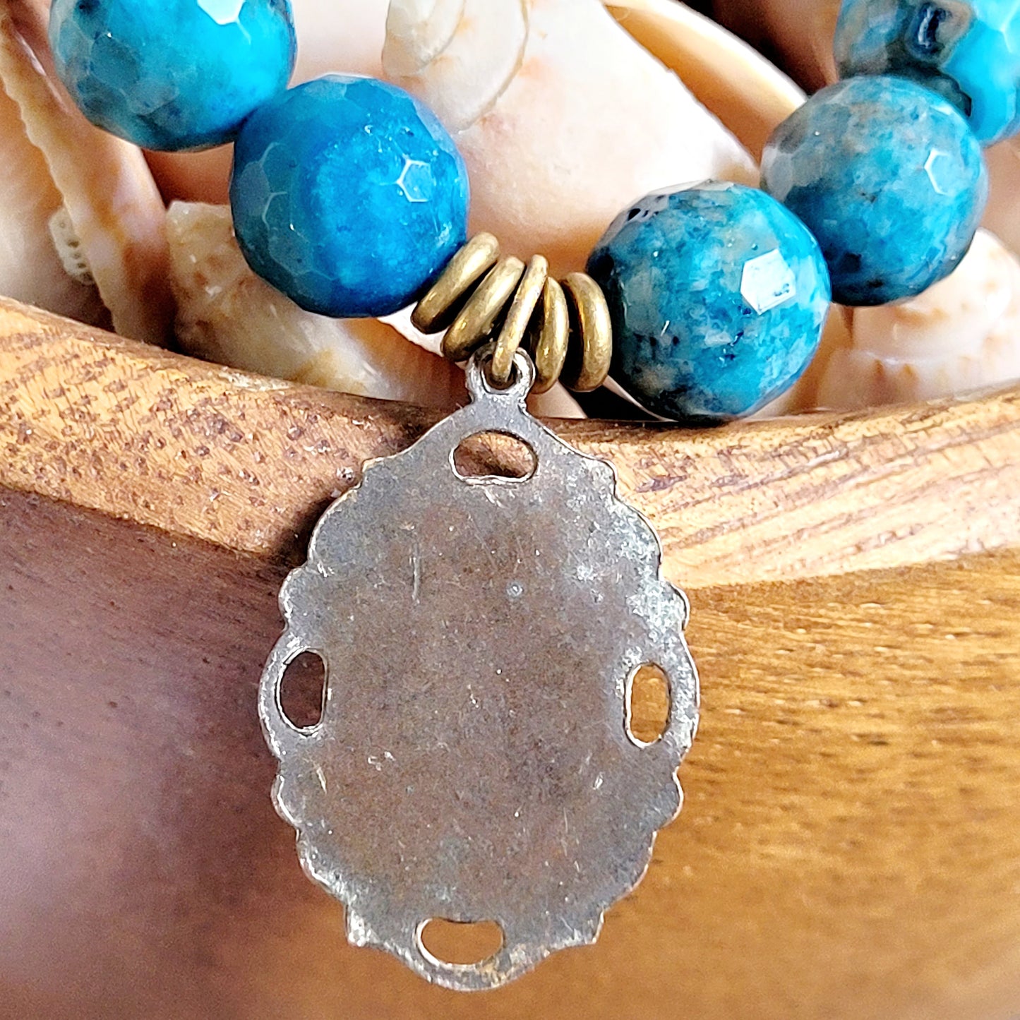 Larimar Blue 10mm Faceted Beaded Bracelet w/ Bronze Art Nouveau Medal of Our Lady of Fatima